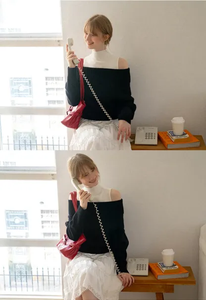 Off Shoulder Ribbed Knit Sweater with Cable Detail
