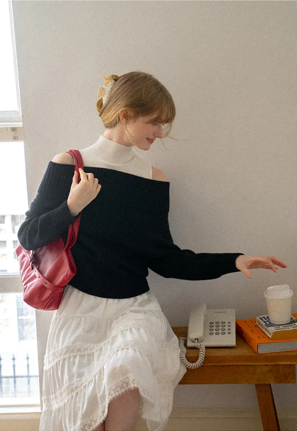 Off Shoulder Ribbed Knit Sweater with Cable Detail
