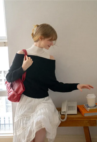 Off Shoulder Ribbed Knit Sweater with Cable Detail