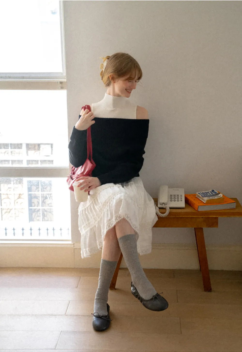 Off Shoulder Ribbed Knit Sweater with Cable Detail