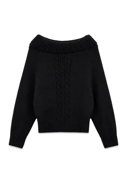 Off Shoulder Ribbed Knit Sweater with Cable Detail