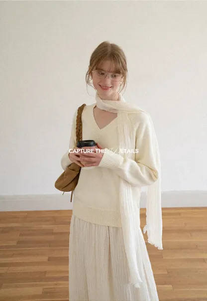 V Neck Ribbed Knit Sweater