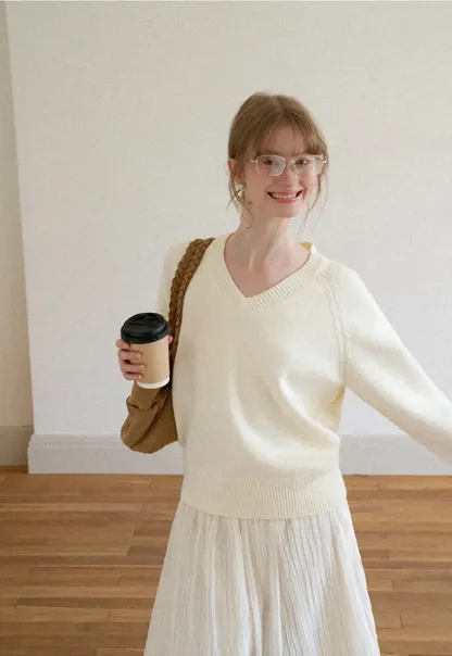 V Neck Ribbed Knit Sweater