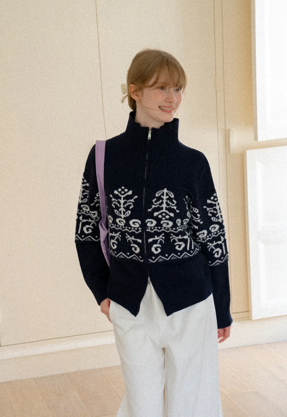 Fair Isle Patterned High Neck Zip Front Knit Sweater