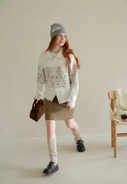 Fair Isle Patterned High Neck Zip Front Knit Sweater