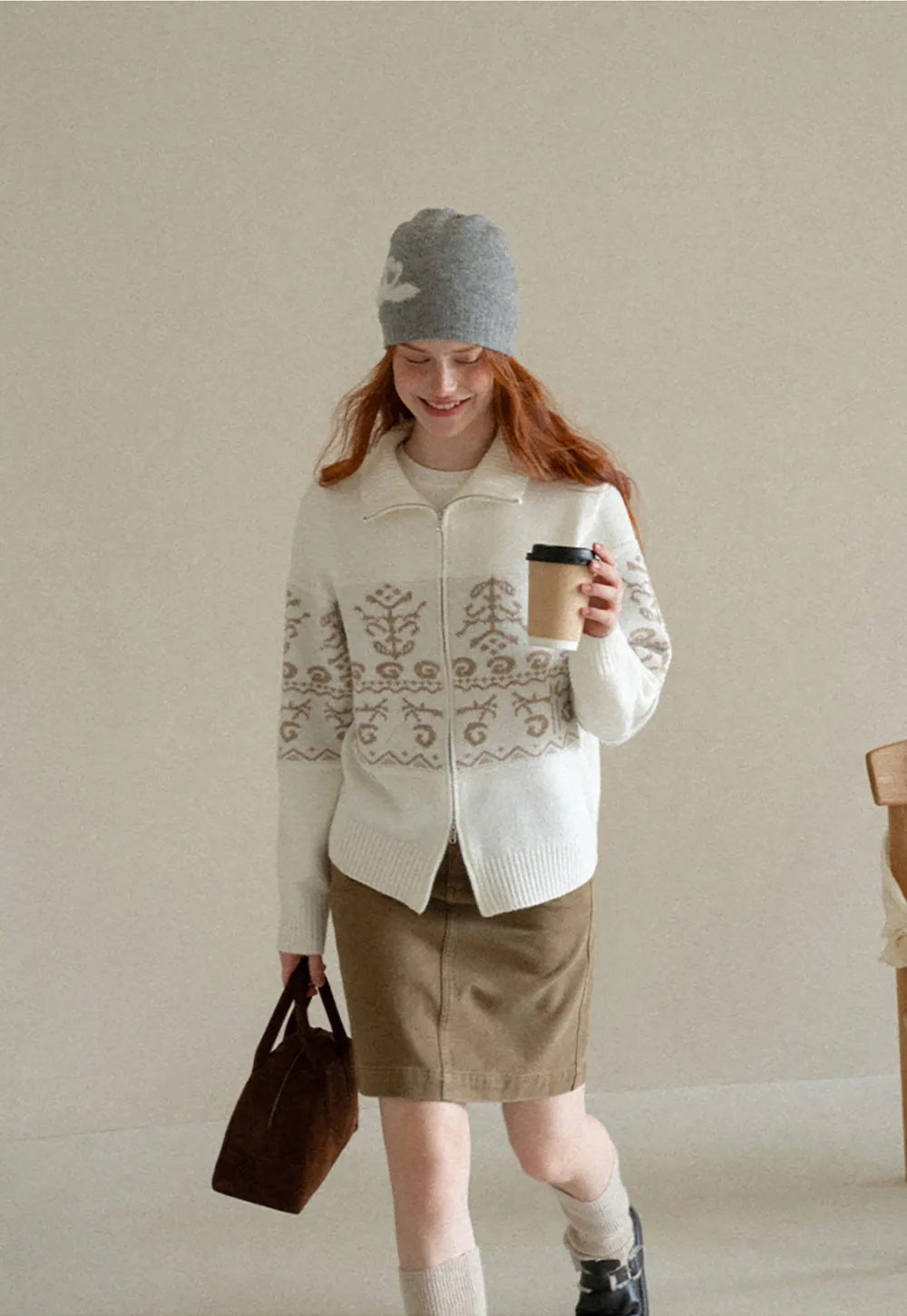 Fair Isle Patterned High Neck Zip Front Knit Sweater