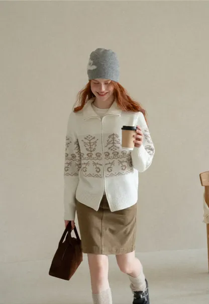 Fair Isle Patterned High Neck Zip Front Knit Sweater