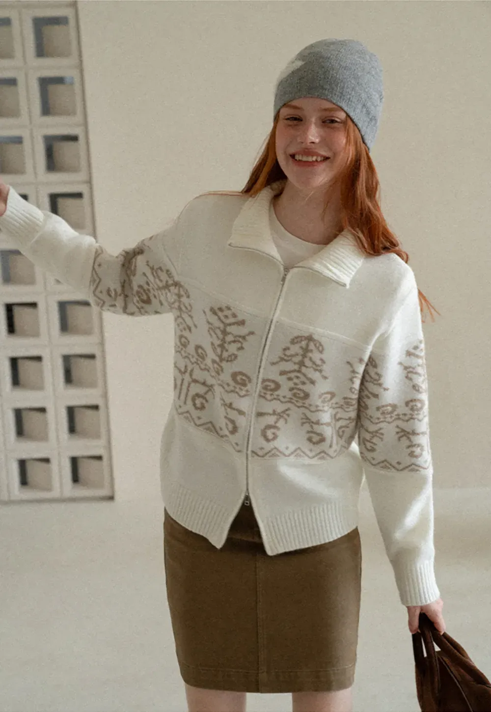Fair Isle Patterned High Neck Zip Front Knit Sweater