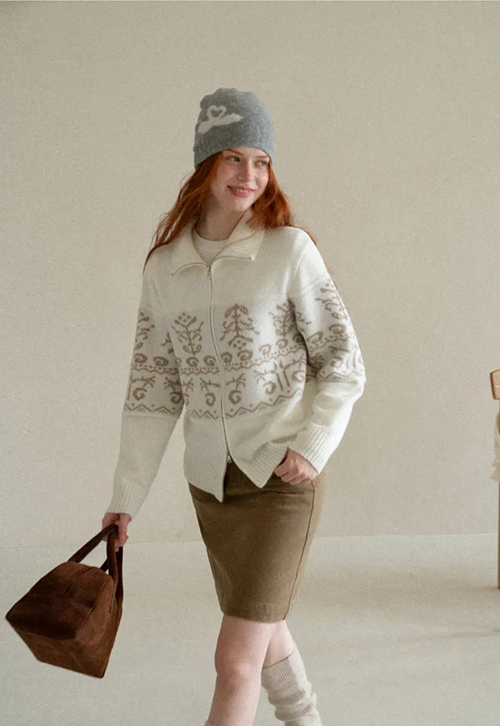 Fair Isle Patterned High Neck Zip Front Knit Sweater