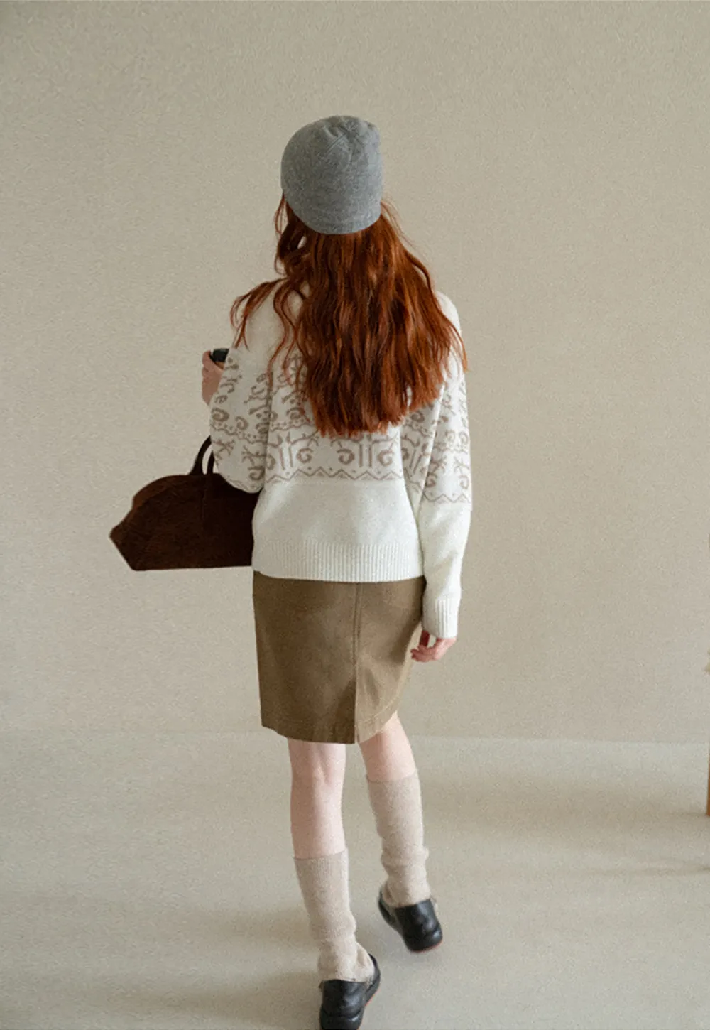 Fair Isle Patterned High Neck Zip Front Knit Sweater