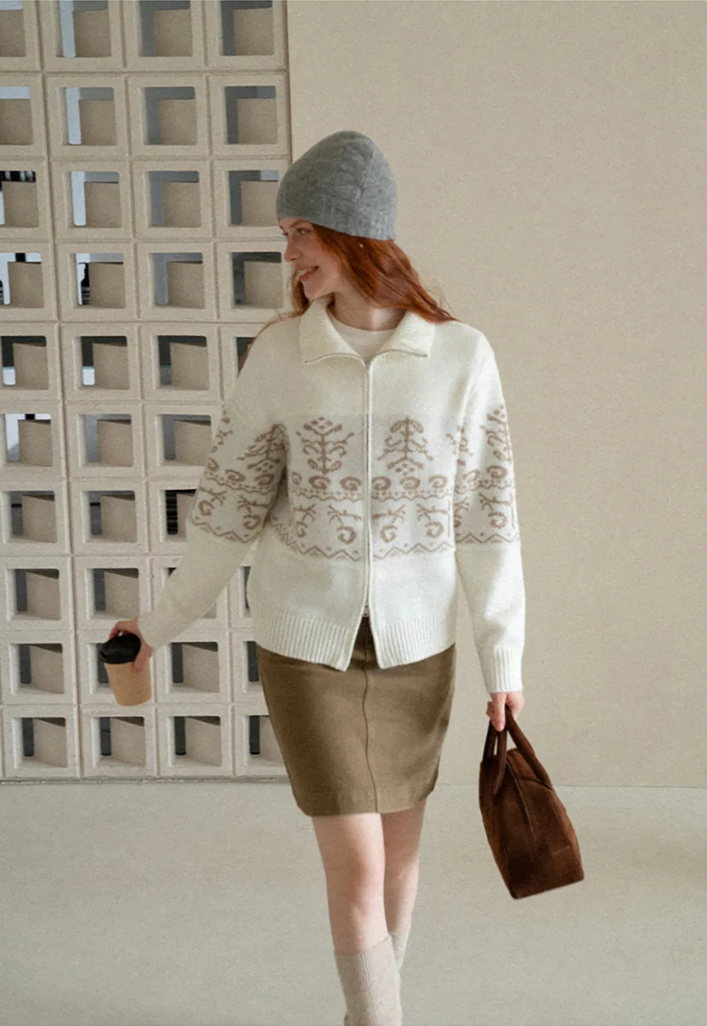 Fair Isle Patterned High Neck Zip Front Knit Sweater