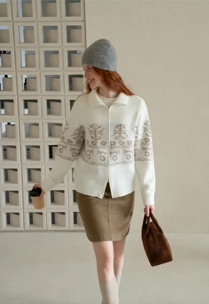 Fair Isle Patterned High Neck Zip Front Knit Sweater