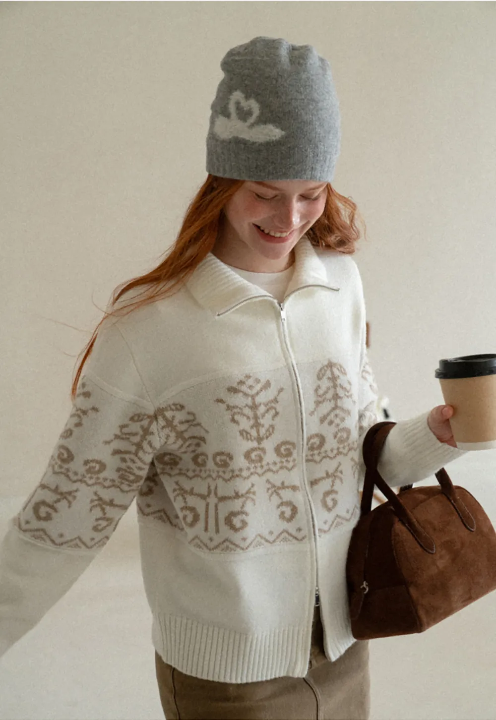 Fair Isle Patterned High Neck Zip Front Knit Sweater
