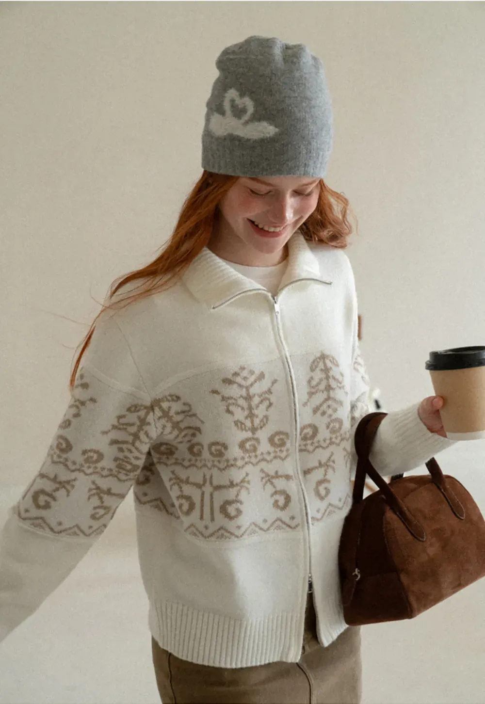 Fair Isle Patterned High Neck Zip Front Knit Sweater