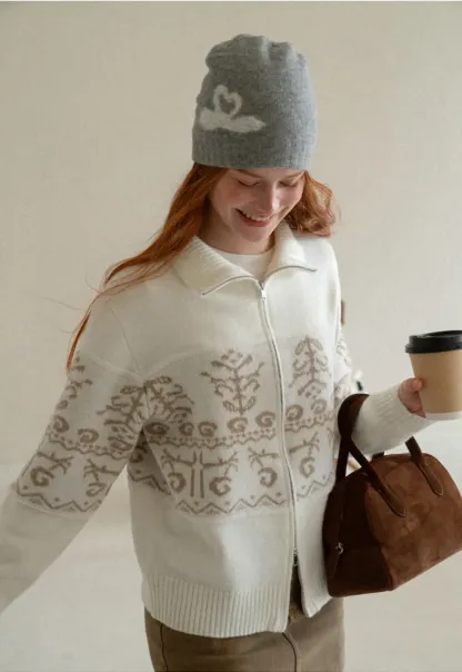 Fair Isle Patterned High Neck Zip Front Knit Sweater