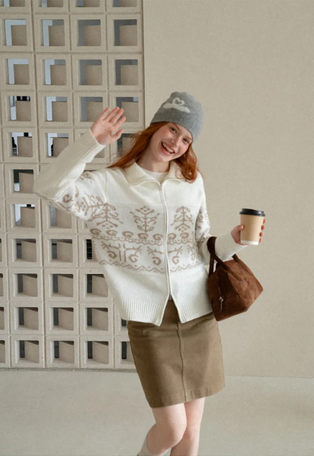 Fair Isle Patterned High Neck Zip Front Knit Sweater