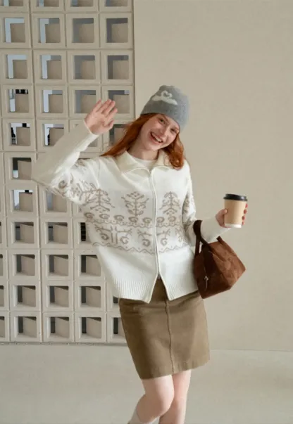 Fair Isle Patterned High Neck Zip Front Knit Sweater