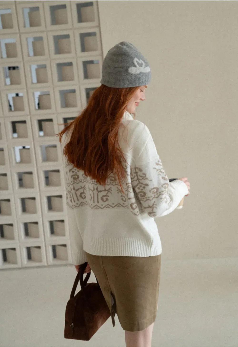 Fair Isle Patterned High Neck Zip Front Knit Sweater