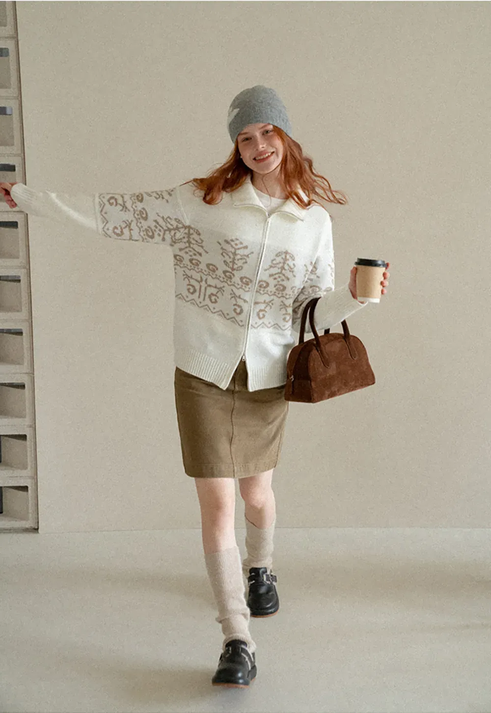 Fair Isle Patterned High Neck Zip Front Knit Sweater