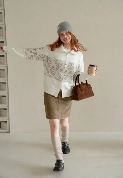 Fair Isle Patterned High Neck Zip Front Knit Sweater
