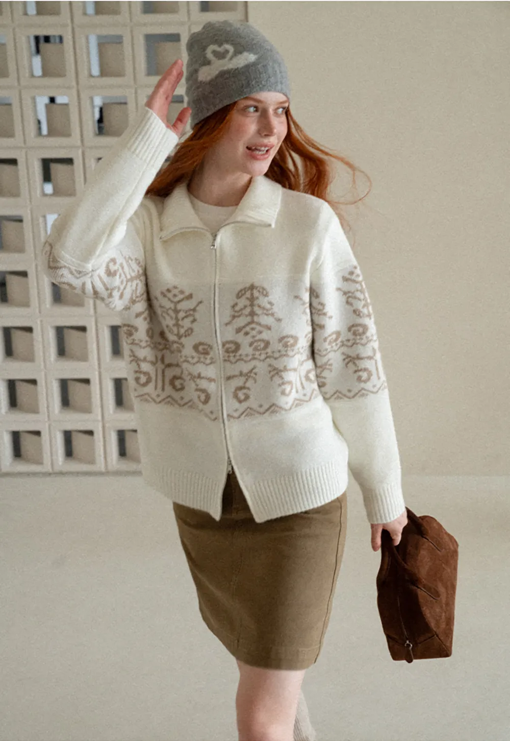 Fair Isle Patterned High Neck Zip Front Knit Sweater