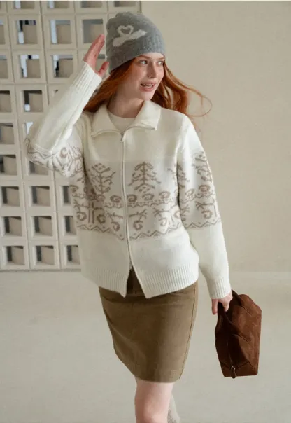 Fair Isle Patterned High Neck Zip Front Knit Sweater