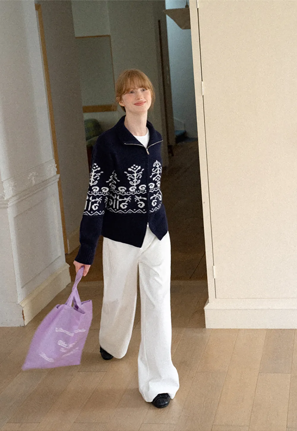 Fair Isle Patterned High Neck Zip Front Knit Sweater