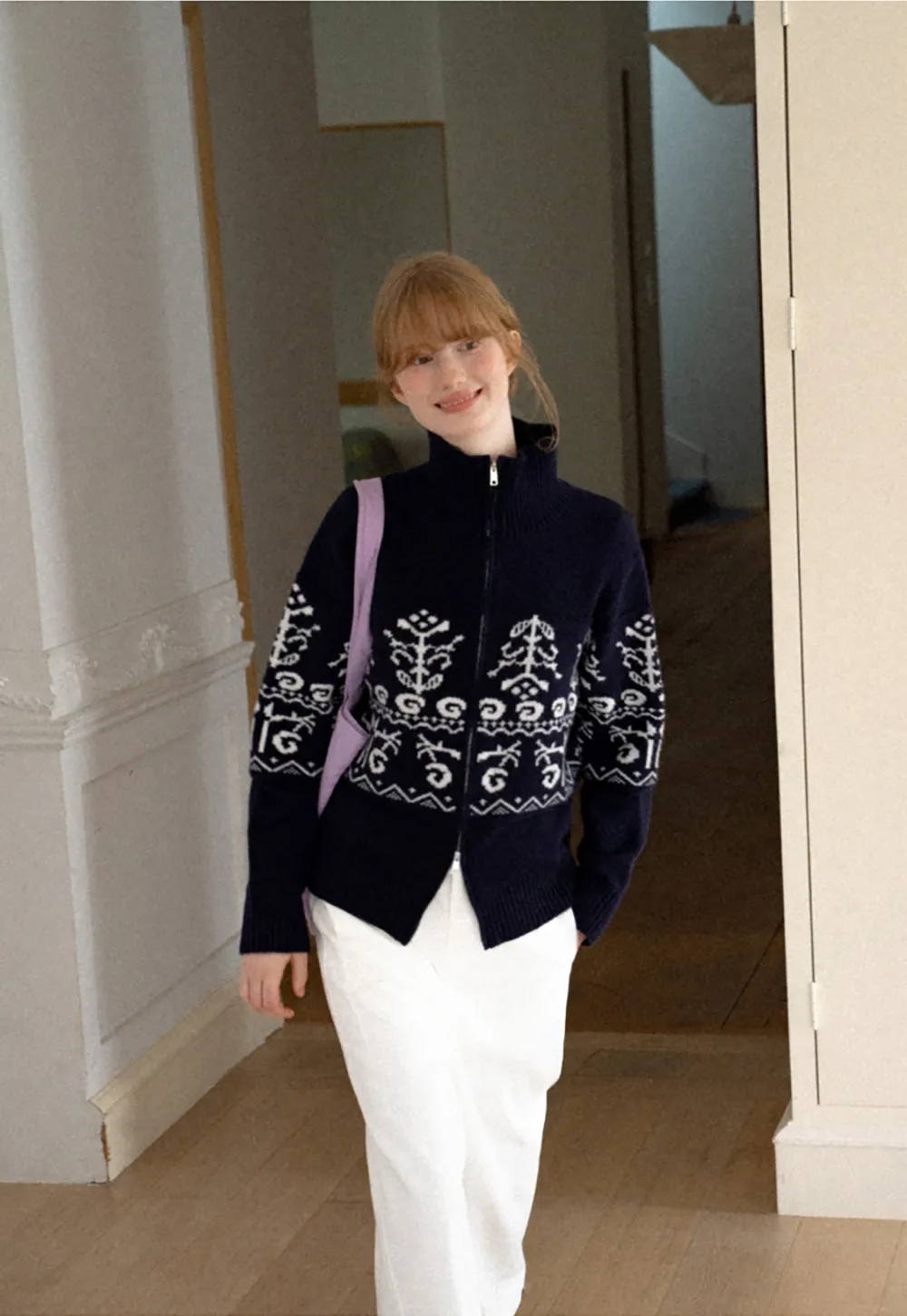 Fair Isle Patterned High Neck Zip Front Knit Sweater