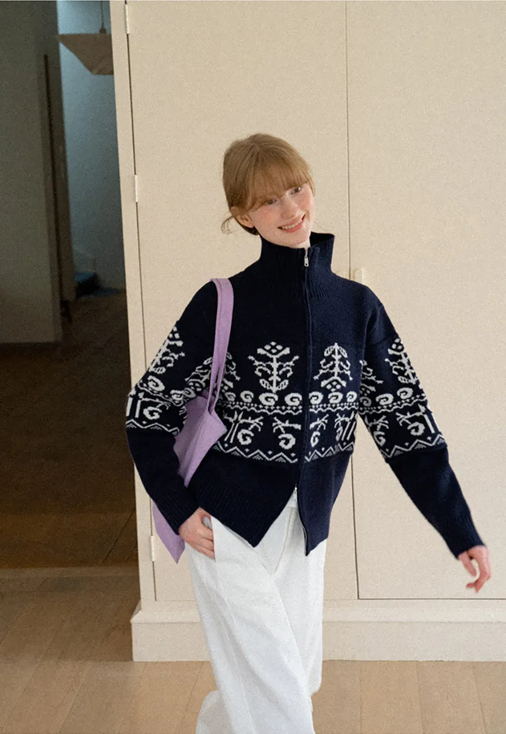 Fair Isle Patterned High Neck Zip Front Knit Sweater