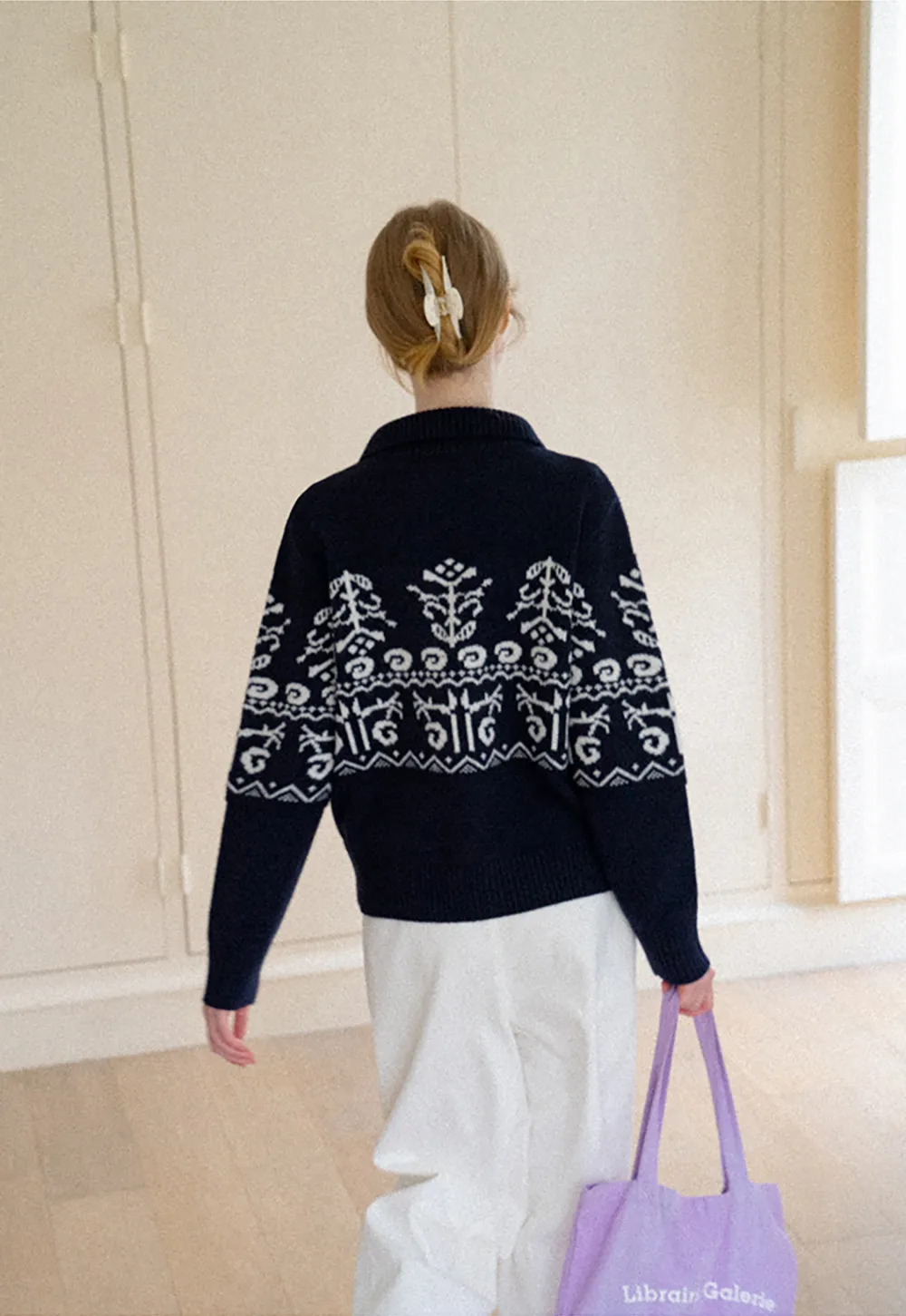 Fair Isle Patterned High Neck Zip Front Knit Sweater