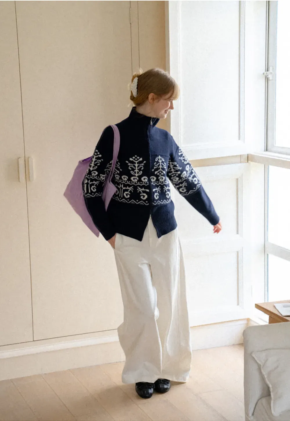 Fair Isle Patterned High Neck Zip Front Knit Sweater