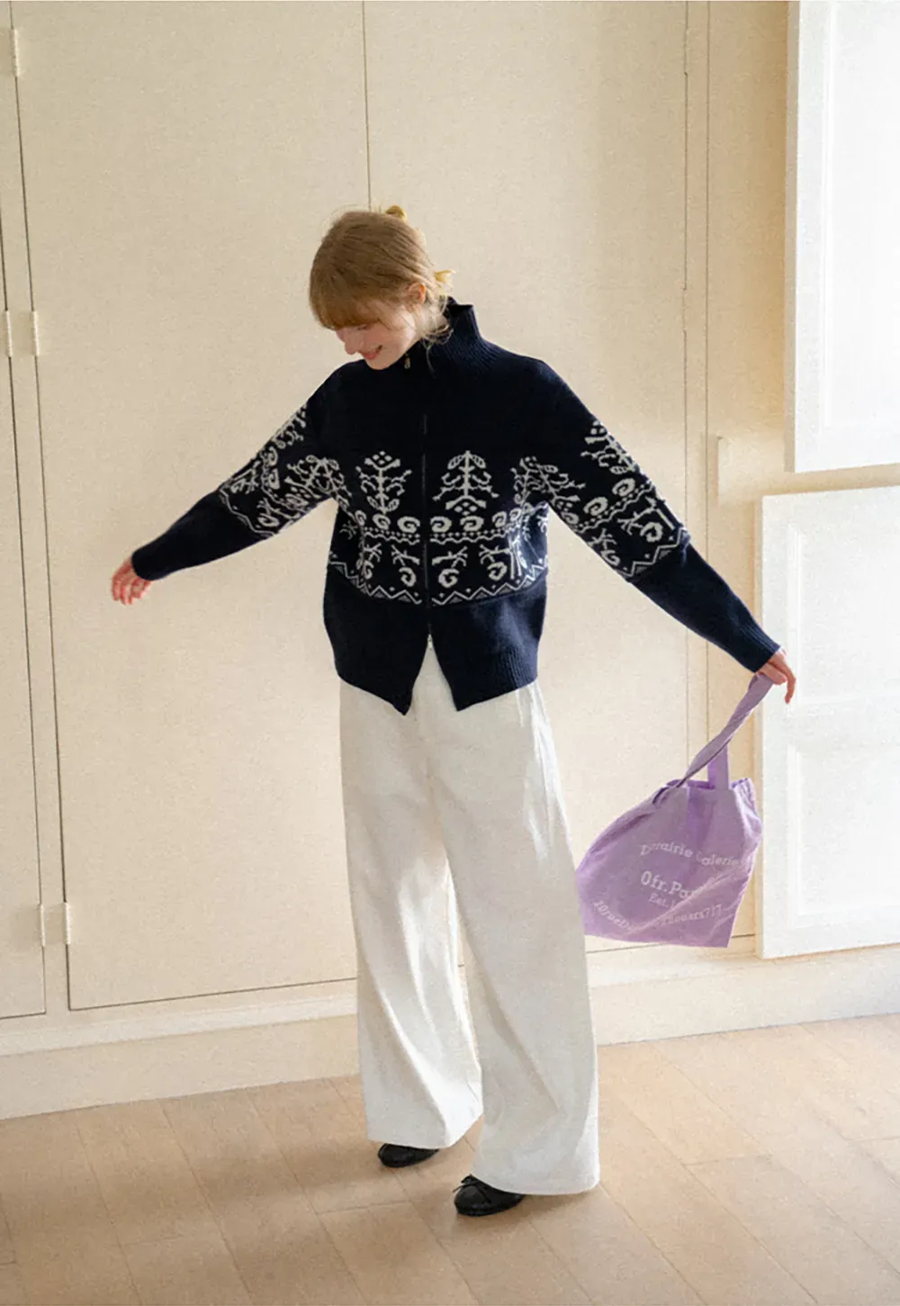 Fair Isle Patterned High Neck Zip Front Knit Sweater