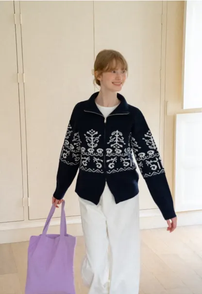 Fair Isle Patterned High Neck Zip Front Knit Sweater