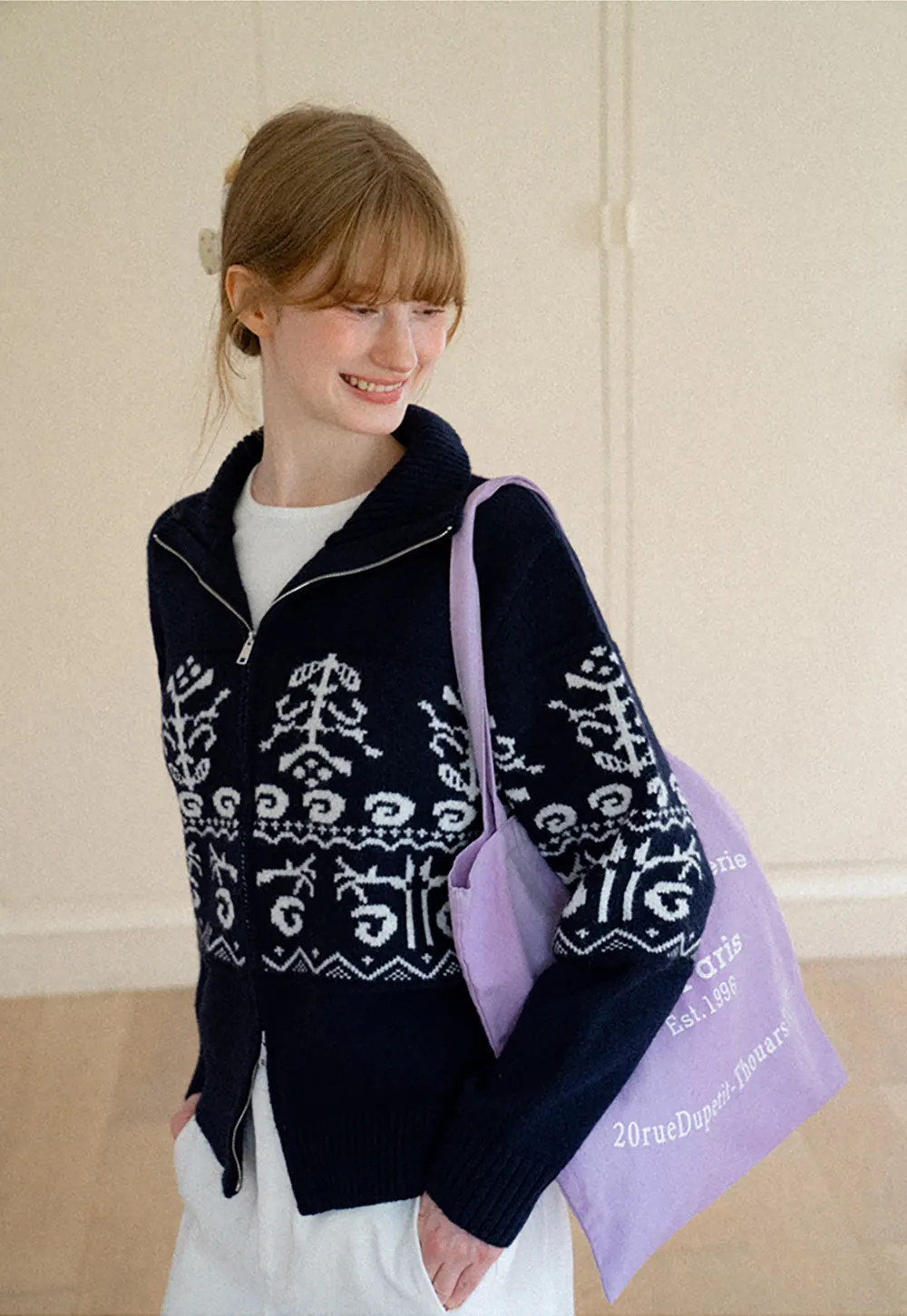 Fair Isle Patterned High Neck Zip Front Knit Sweater