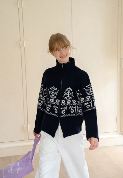 Fair Isle Patterned High Neck Zip Front Knit Sweater