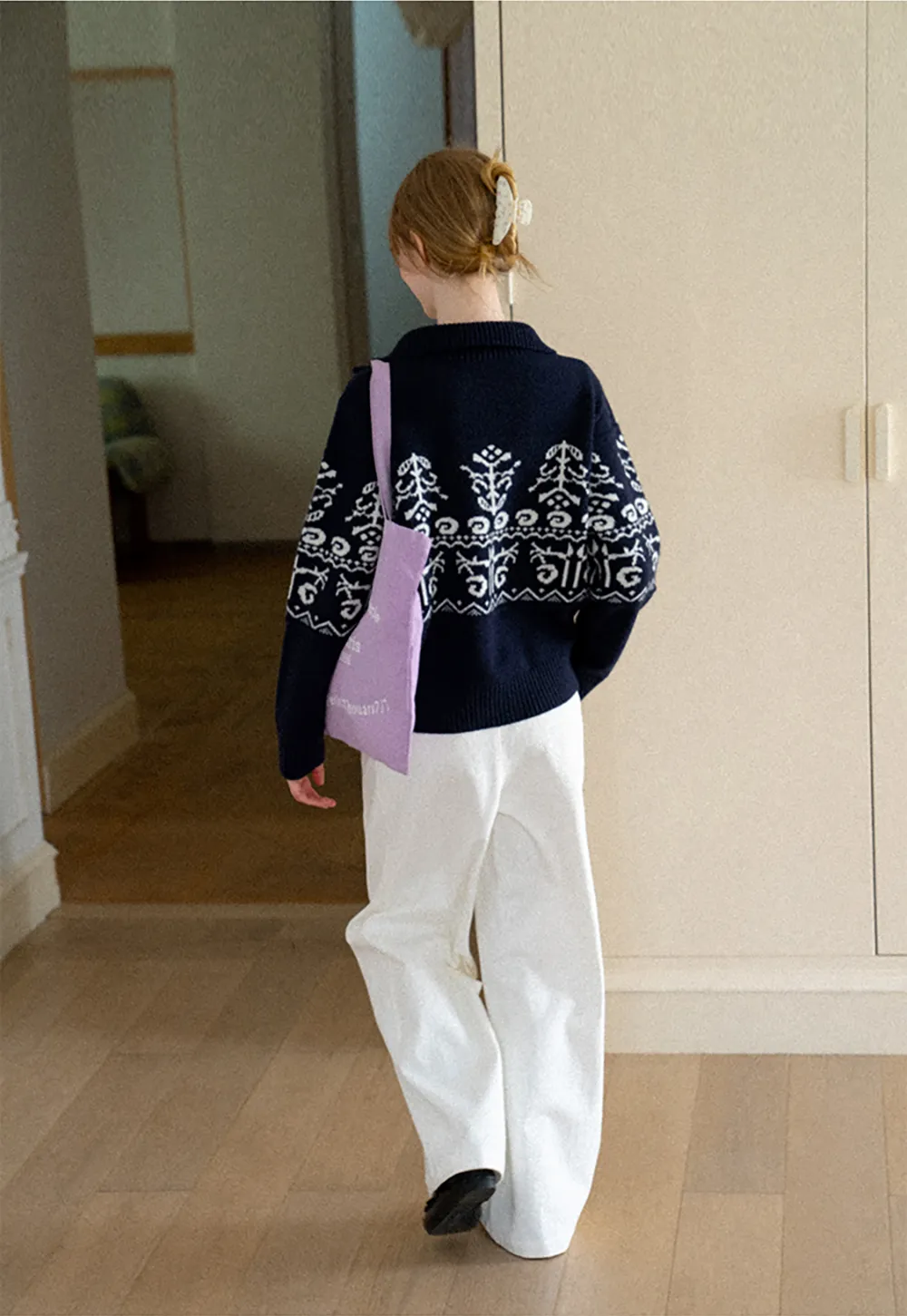 Fair Isle Patterned High Neck Zip Front Knit Sweater