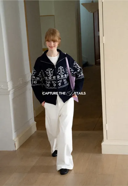 Fair Isle Patterned High Neck Zip Front Knit Sweater