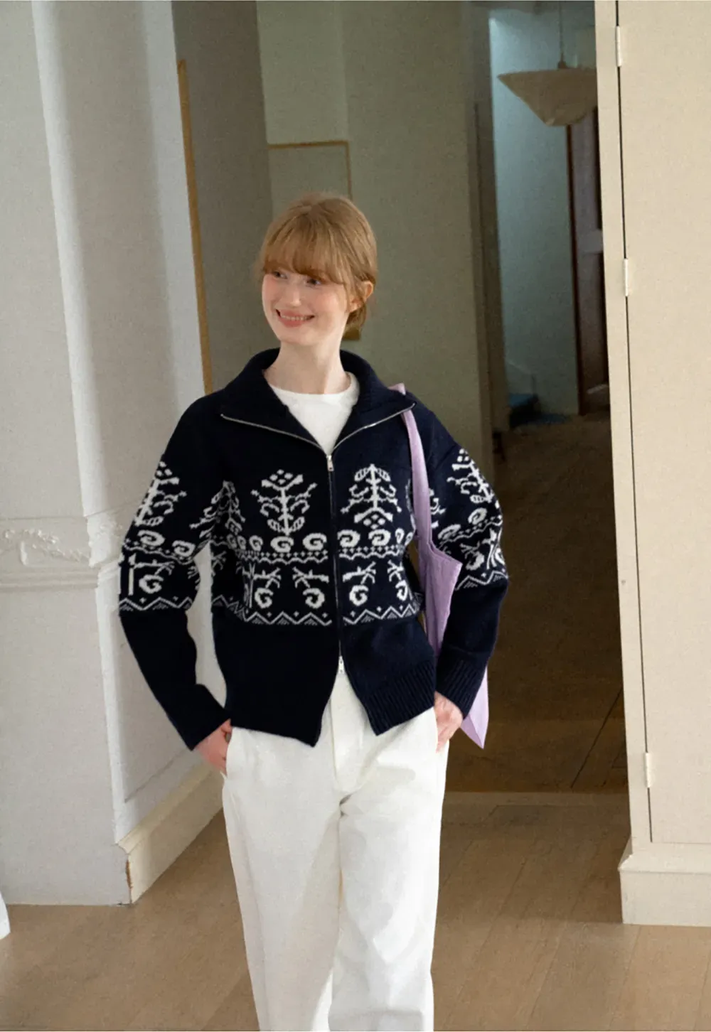 Fair Isle Patterned High Neck Zip Front Knit Sweater