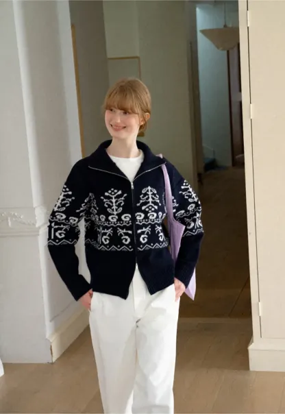 Fair Isle Patterned High Neck Zip Front Knit Sweater