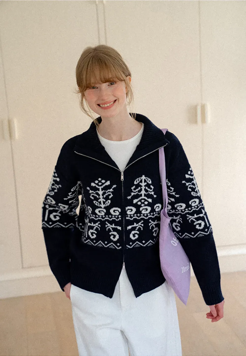 Fair Isle Patterned High Neck Zip Front Knit Sweater