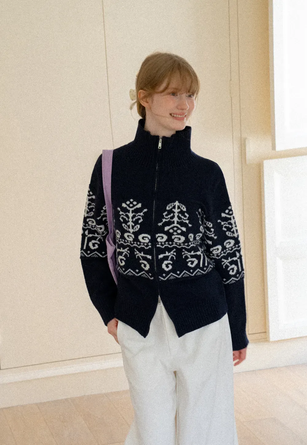Fair Isle Patterned High Neck Zip Front Knit Sweater