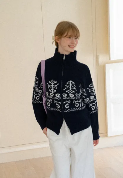 Fair Isle Patterned High Neck Zip Front Knit Sweater