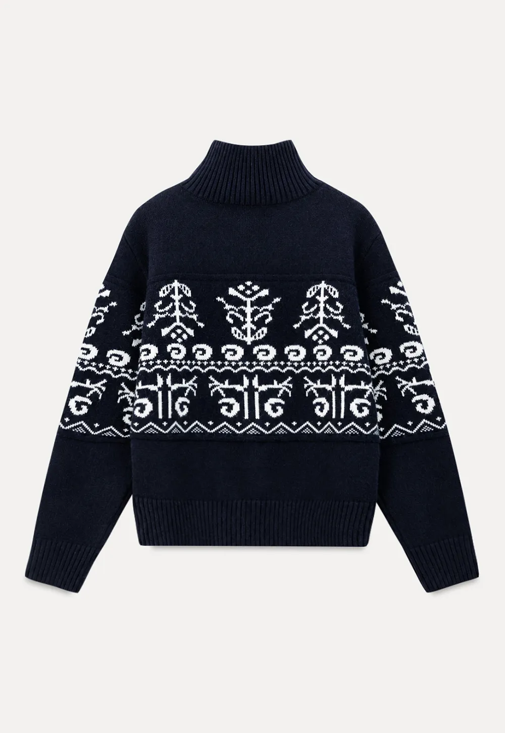 Fair Isle Patterned High Neck Zip Front Knit Sweater