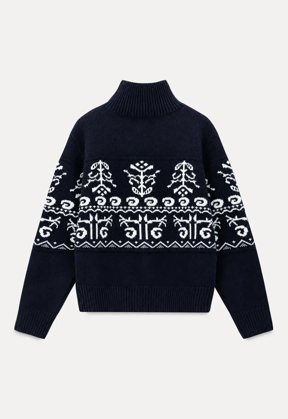 Fair Isle Patterned High Neck Zip Front Knit Sweater