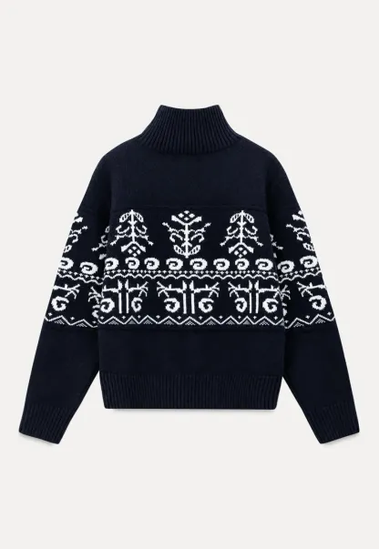 Fair Isle Patterned High Neck Zip Front Knit Sweater