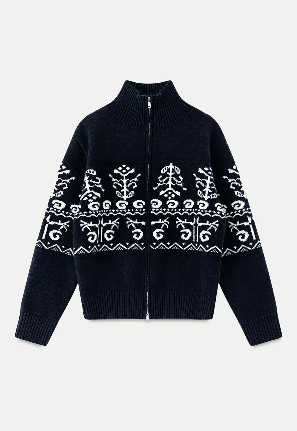 Fair Isle Patterned High Neck Zip Front Knit Sweater