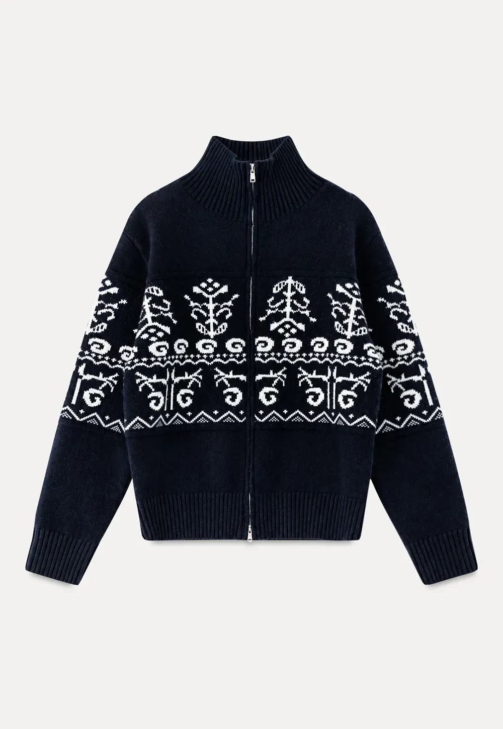 Fair Isle Patterned High Neck Zip Front Knit Sweater