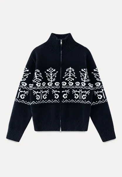 Fair Isle Patterned High Neck Zip Front Knit Sweater