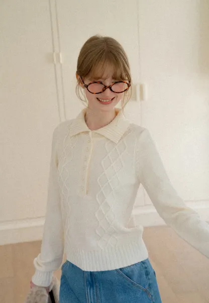 Cable Knit Diamond Pattern Collared Pullover Sweater