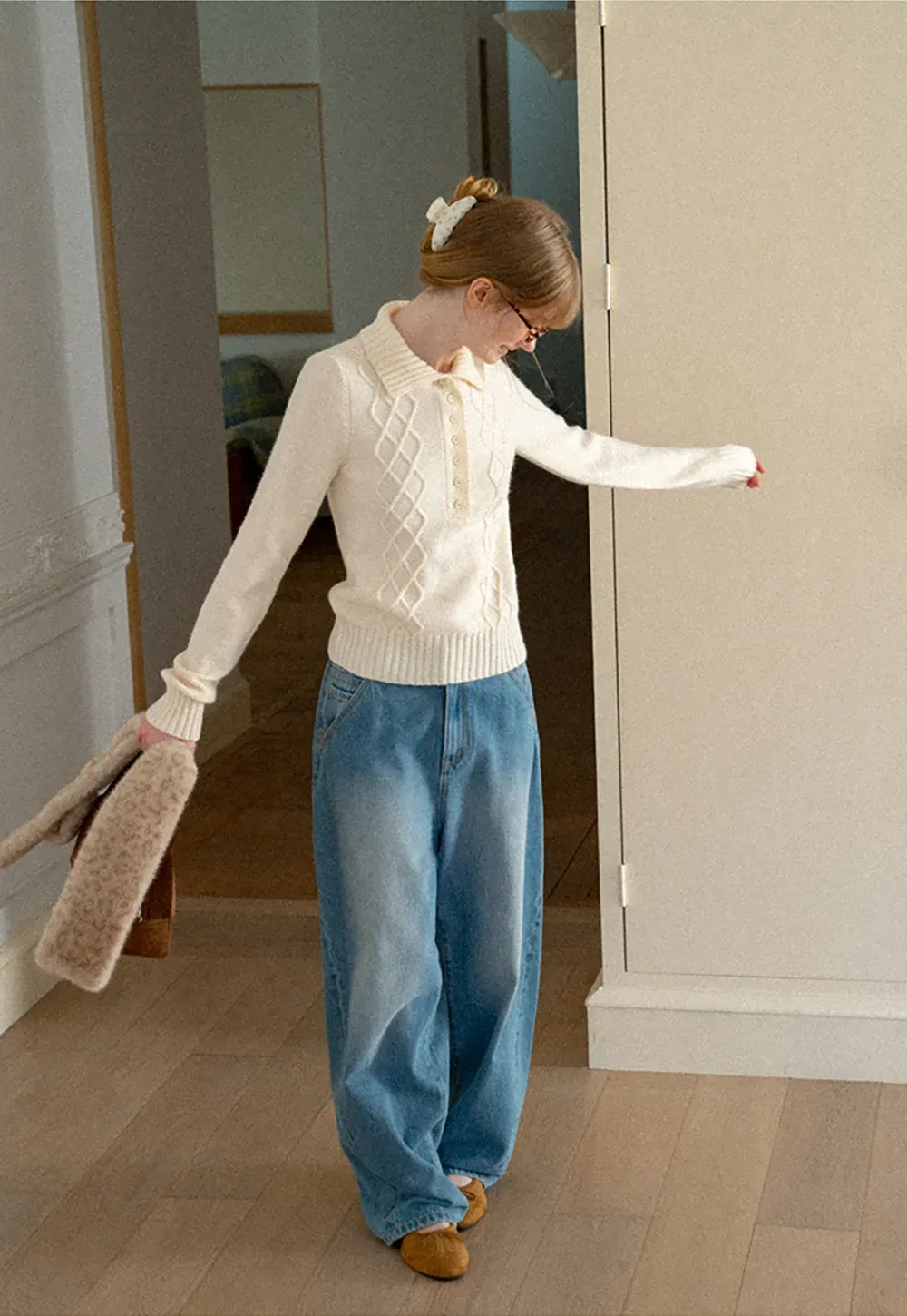 Cable Knit Diamond Pattern Collared Pullover Sweater